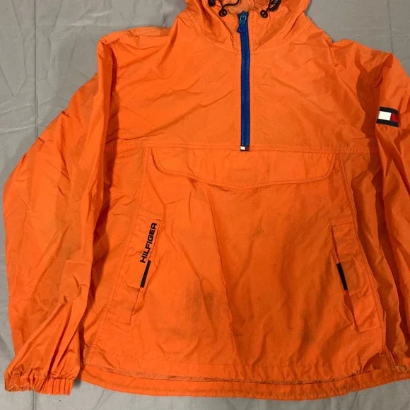 Tommy Hilfiger Mens Orange Anorak Windbreaker Jacket Quarter Zip Hooded XL - Picture 3 of 16